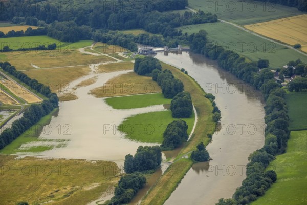 Aerial photo, Ruhr flood, barrage Ense Wickede, flood after heavy rainfall, Waltringen, Ense,