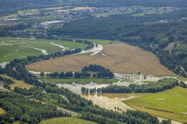 Aerial view, Ruhr flood, flood after heavy rainfall, Waltringen, Ense, Sauerland, North