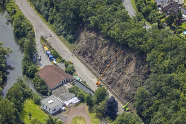 Aerial view, flood after heavy rainfall, Niederense, Ense, Sauerland, North Rhine-Westphalia,