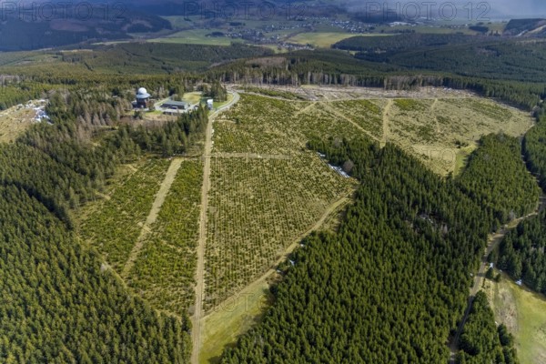 Aerial view, forest damage in restricted military area, radar dome and radar station on Ebschloh