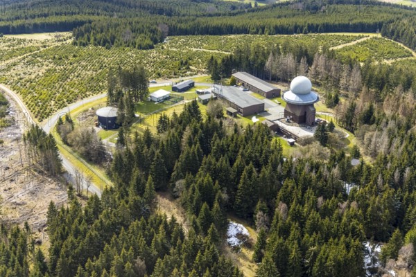 Aerial view, forest damage in a restricted military area, radar dome and radar station on Mount