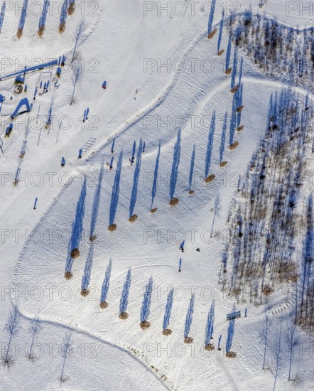 Aerial view, shadow play in snow-covered Krupp Park, Westviertel, Essen, Ruhr area, North