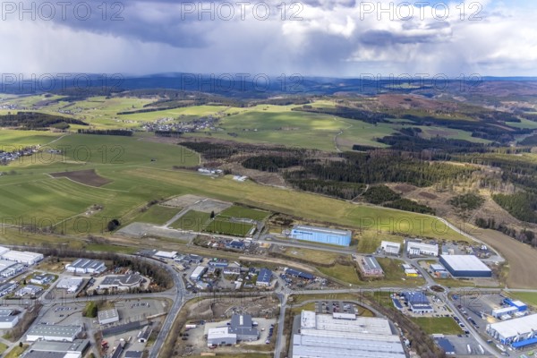 Aerial view, commercial area and town view Leimstruth, Erndtebrück, Siegerland, North