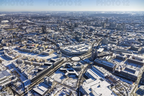Aerial view, city, Limbecker Platz, headquarters Funke Mediengruppe, Jakob-Funke-Platz, Berliner