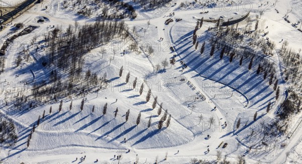 Aerial view, shadow play in snow-covered Krupp Park, Altendorf, Essen, Ruhr area, North