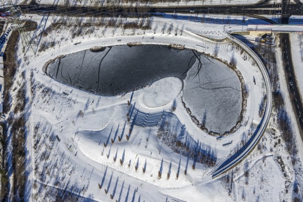Aerial view, pond in snow-covered Krupp Park, Westviertel, Essen, Ruhr area, North