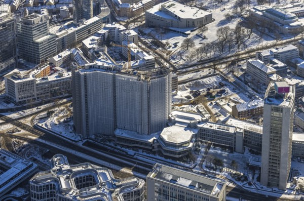 Aerial view, innogy high-rise building, construction site demolition RWE Haus, Westviertel, Essen,