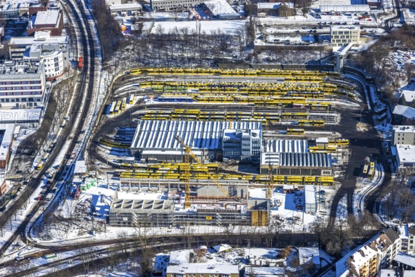 Aerial view, construction site, new hall construction Ruhrbahn depot, city centre, Essen, Ruhr