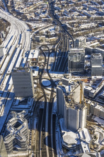 Aerial view, innogy high-rise building, construction site demolition RWE Haus, Südviertel, Essen,