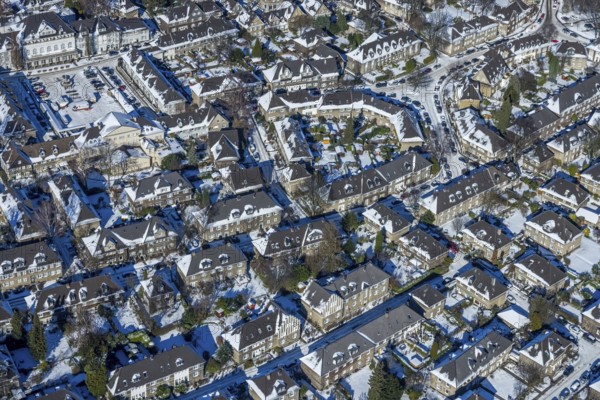 Aerial view, Margarethenhöhe, residential buildings Stiller Weg corner Hoher Weg, garden sheds,