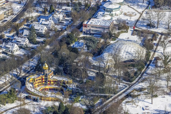 Aerial view, Ronald McDonald House, Hundertwasser House, Margarethenhöhe, Essen, Ruhr area, North