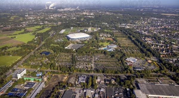 Aerial view, VELTINS-Arena Bundesliga stadium of FC Schalke 04 and Gigantmarkt Gelsenkirchen flea