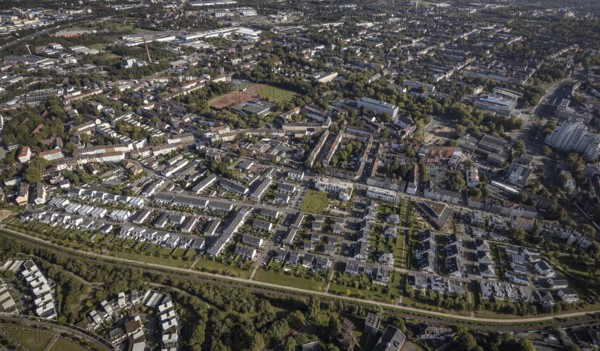 Aerial view, terraced house housing estate between Feldahornstraße and Rheinische Straße as well as