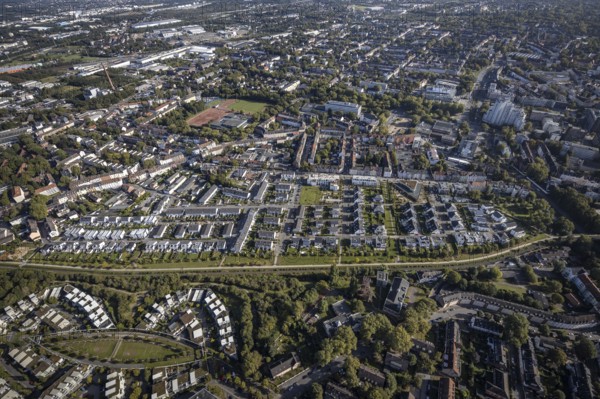 Aerial view, terraced house housing estate between Feldahornstraße and Rheinische Straße as well as