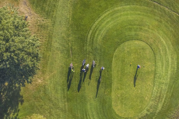 Aerial view, golf course golf club Schloss Horst and golf player on the green in the district Horst