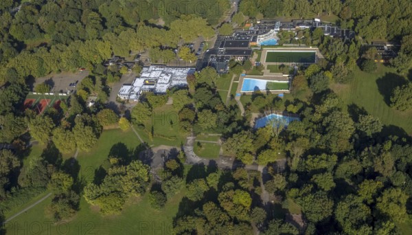 Aerial view, sports and health park with sauna, brine and wellness in Revierpark Nienhausen in the