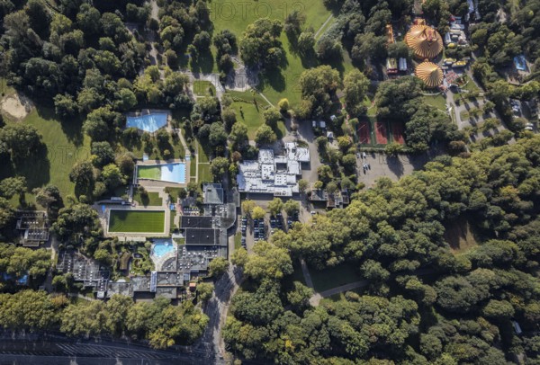 Aerial view, sports and health park with sauna, brine and wellness in Revierpark Nienhausen in the