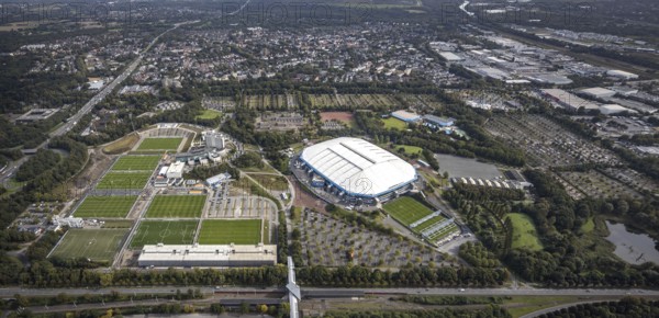 Aerial view, VELTINS-Arena Bundesliga stadium of FC Schalke 04 with training grounds in the