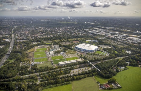 Aerial view, VELTINS-Arena Bundesliga stadium of FC Schalke 04 with training grounds in the