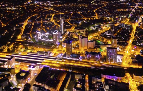 Aerial view, Essen central station, business district, Westenergie tower, demolition Ypsilon-Haus,