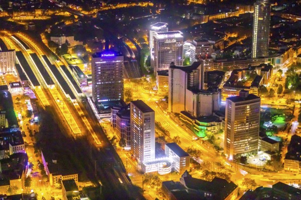 Aerial view, Essen central station, business district, Westenergie tower, demolition of