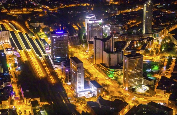 Aerial view, Essen central station, business district, Westenergie tower, demolition Ypsilon-Haus,