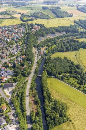 Aerial view, Möhne road with fences, river Möhne, Niederense, Ense, Sauerland, North