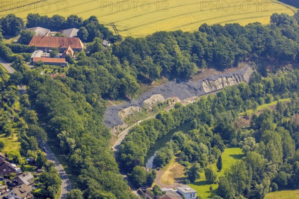 Aerial photograph, rockfall protection fences on the Möhne road, river Möhne, Niederense, Ense,