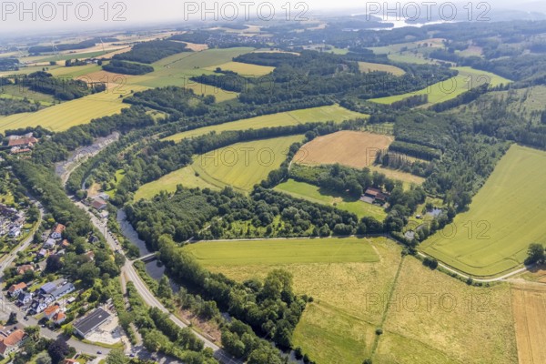 Aerial view, landscape conservation area Möhne valley, meadows and fields at the river Möhne,