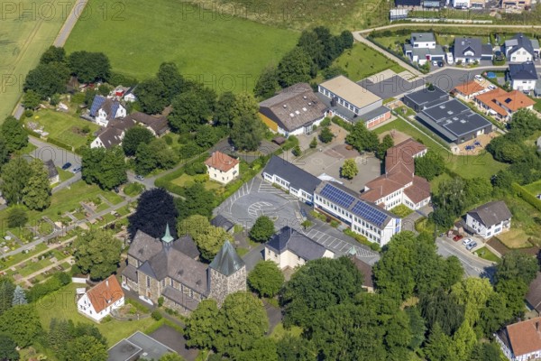 Aerial view, Church of St. Bernhard and Bernhardus School, Niederense, Ense, Sauerland, North