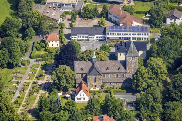 Aerial view, Church of St. Bernhard and Bernhardus School, Niederense, Ense, Sauerland, North