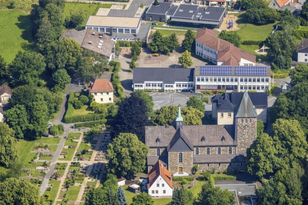 Aerial view, Church of St. Bernhard and Bernhardus School, Niederense, Ense, Sauerland, North