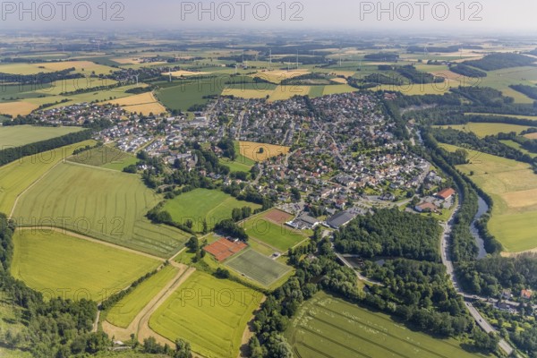 Aerial view, local view, Edeka supermarket local supply centre, sports field Niederense,