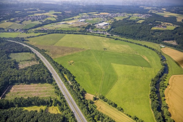 Aerial view, forest area with forest damage, motorway A445 and Ruhraue with river Ruhr in