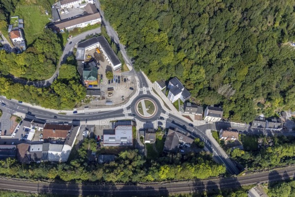 Aerial view, redesigned roundabout Kölner Straße and Hembecker Talstraße in the district Büttenberg