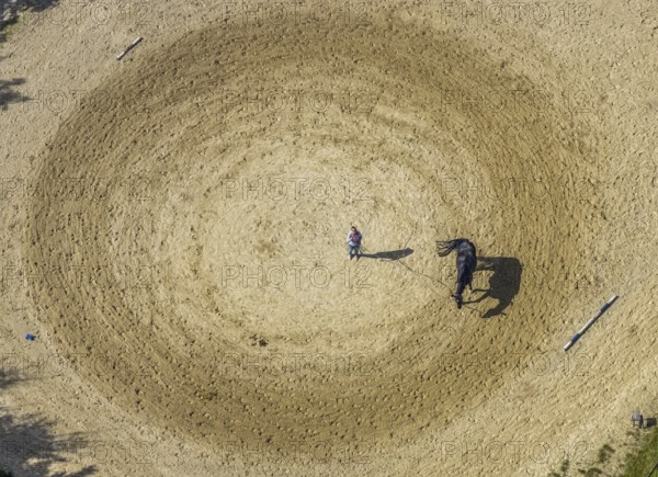 Aerial view, horse training at the Wolfshövel riding centre in the Königsfeld district of