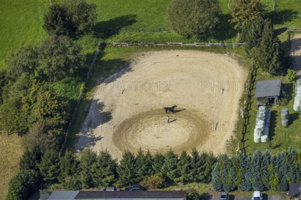 Aerial view, horse training at the Wolfshövel riding centre in the Königsfeld district of