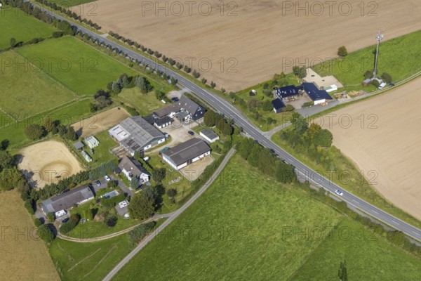 Aerial view, riding training at the Wolfshövel riding centre in the Königsfeld district of