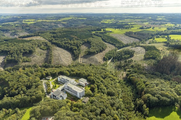 Aerial photo, Königsfeld Rehabilitation Clinic and forest damage in the Windgarten district of