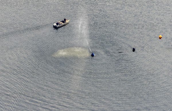 Aerial view, Ennepetalsperre and boat with water fountain in the district Altenbreckerfeld in