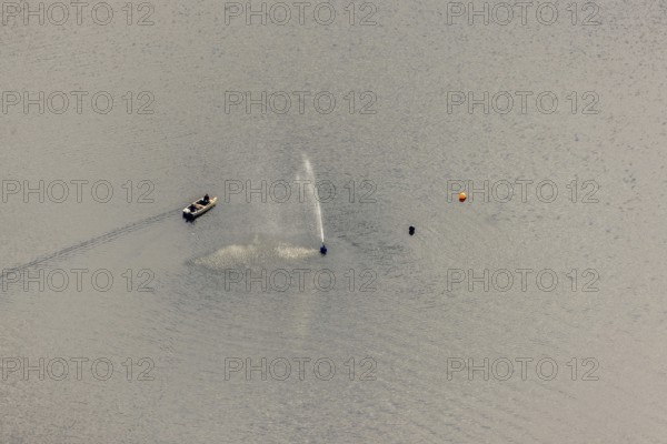 Aerial view, Ennepetalsperre and boat with water fountain in the district Altenbreckerfeld in