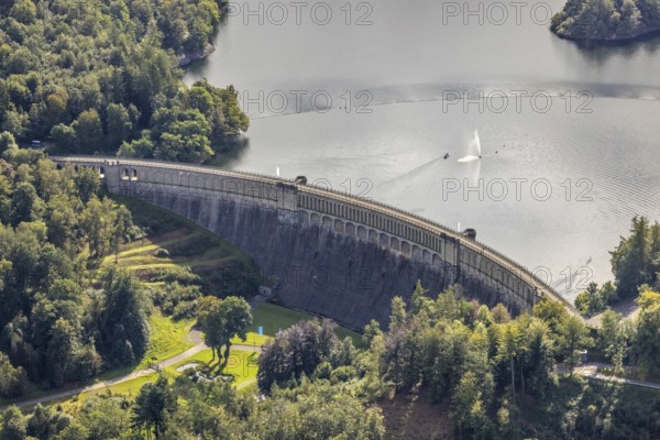 Aerial view, Ennepetalsperre with dam wall and boat with water fountain in the district