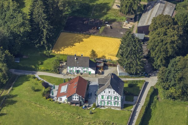 Aerial view, Restaurant Hülsenbecke half-timbered house with green shutters at the game reserve and