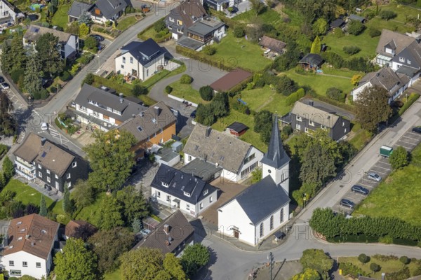 Aerial view, protestant church in the district of Rüggeberg in Ennepetal, Ruhr area, North