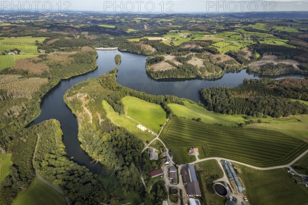 Aerial view, forest damage at the Ennepetalsperre dam with dam wall in the Altenbreckerfeld