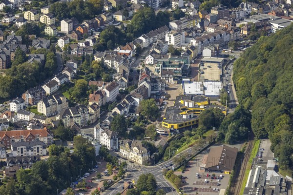 Aerial view, city centre with Haus Ennepetal in the district of Milspe in Ennepetal, Ruhr area,