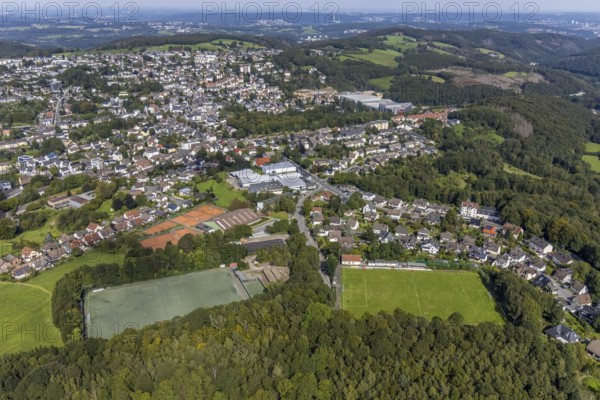 Aerial view, sports field FC Blau-Weiß Voerde and tennis courts TC Grün-Weiß Ennepetal in the