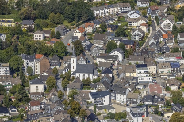 Aerial view, town centre with the protestant Johanneskirche in the district Voerde in Ennepetal,