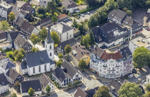 Aerial view, town centre with the protestant Johanneskirche in the district Voerde in Ennepetal,