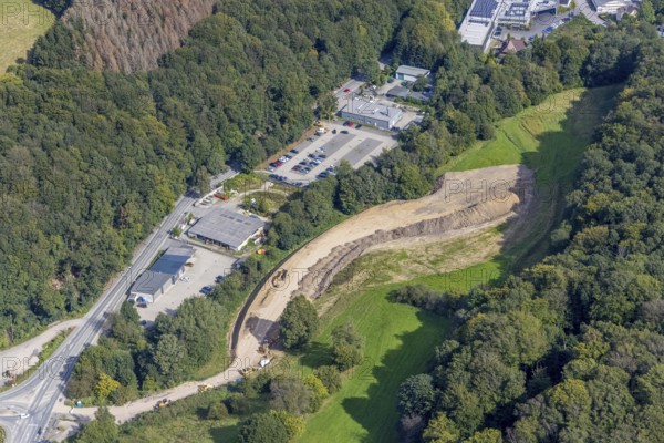 Aerial view, construction site with construction road at Hagener Straße at Febi car park in the